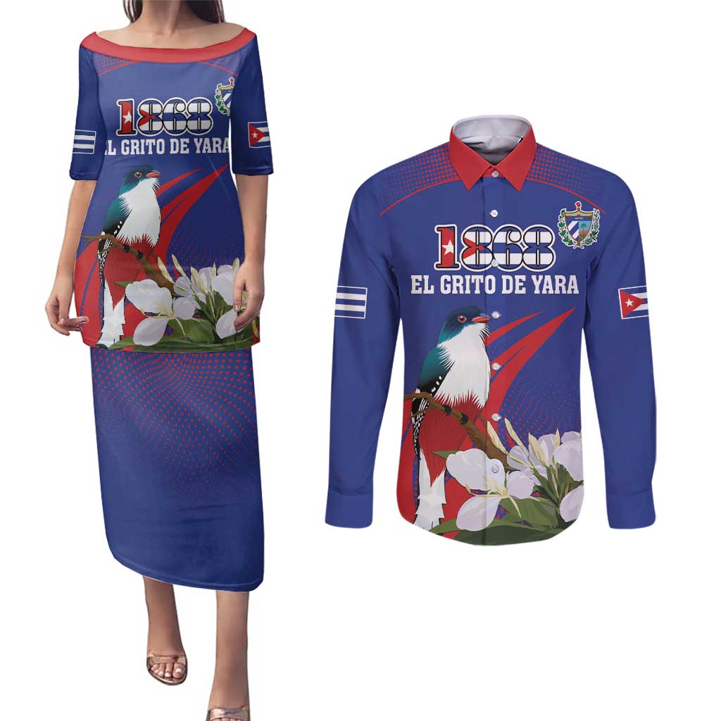 Custom Cuba Independence Day 1868 Couples Matching Puletasi and Long Sleeve Button Shirt Tocororo With White Mariposa - Wonder Print Shop