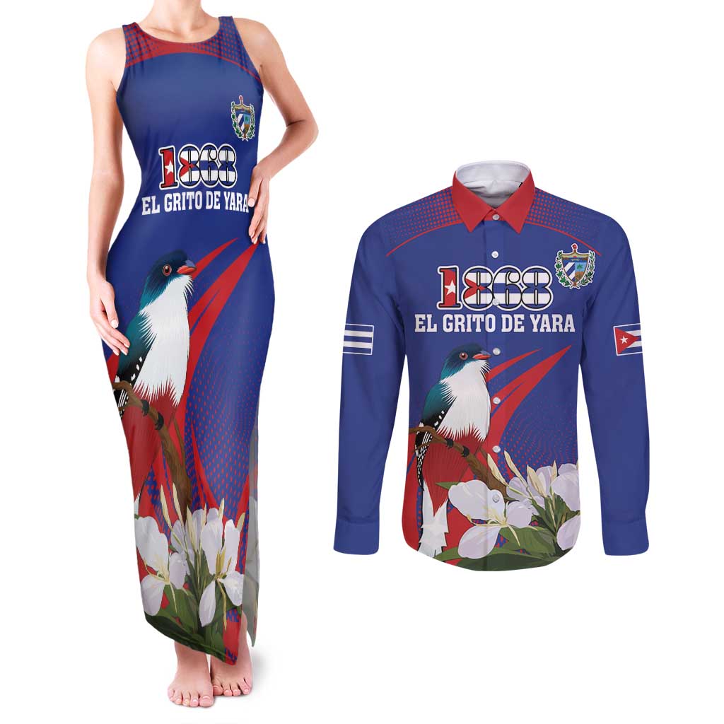 Custom Cuba Independence Day 1868 Couples Matching Tank Maxi Dress and Long Sleeve Button Shirt Tocororo With White Mariposa - Wonder Print Shop