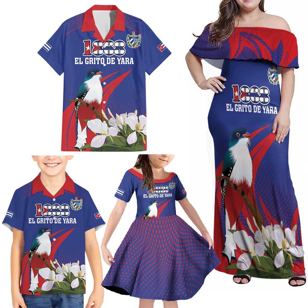 Custom Cuba Independence Day 1868 Family Matching Off Shoulder Maxi Dress and Hawaiian Shirt Tocororo With White Mariposa - Wonder Print Shop