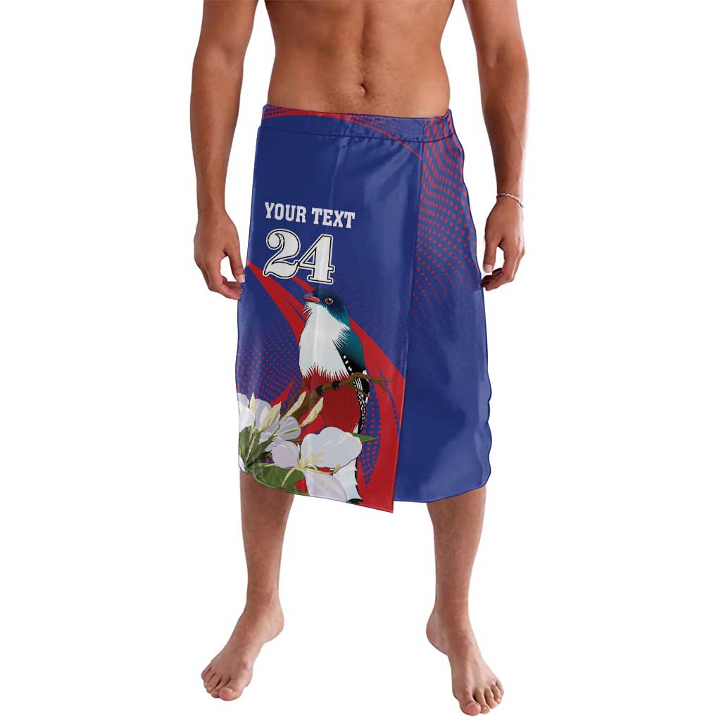 Blue printed swim shorts, red diagonal panel, bird-and-flower graphic, 'YOUR TEXT 24'