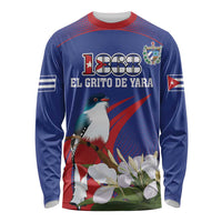 Blue long-sleeve shirt with red trim and 1868 graphic, bird, flowers, Cuba flag