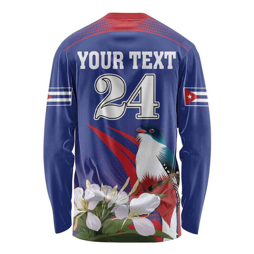 Blue long-sleeve shirt with red trim, 'YOUR TEXT 24' back print, bird and flowers