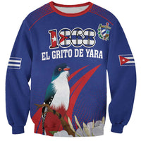 Custom blue crewneck sweatshirt with 1868 graphic, bird and red white accents
