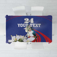 Blue tablecloth with red arc pattern, white flower and bird print, personalized text block