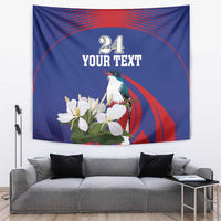 Blue and red wall tapestry with parrot, white flowers, number 24, and “Your Text”.