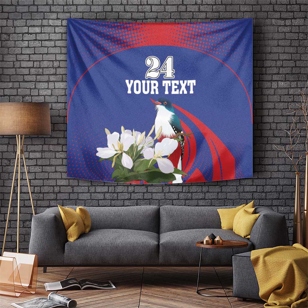 Square wall tapestry in blue and red with parrot, white flowers, “Your Text” and “24”.