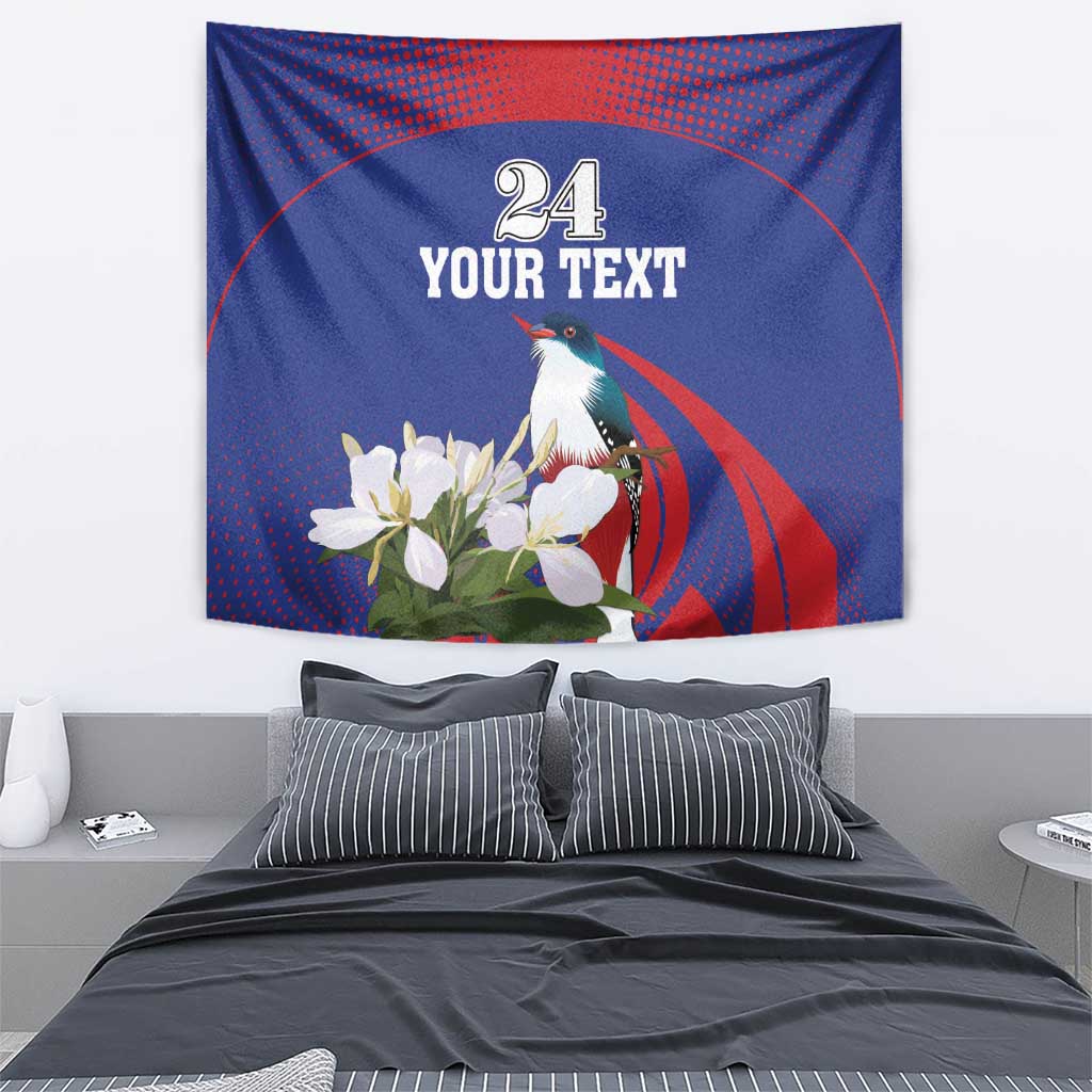 Blue and red tapestry showing “Your Text”, number 24, a parrot, and white flowers.
