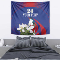 Blue and red tapestry showing “Your Text”, number 24, a parrot, and white flowers.