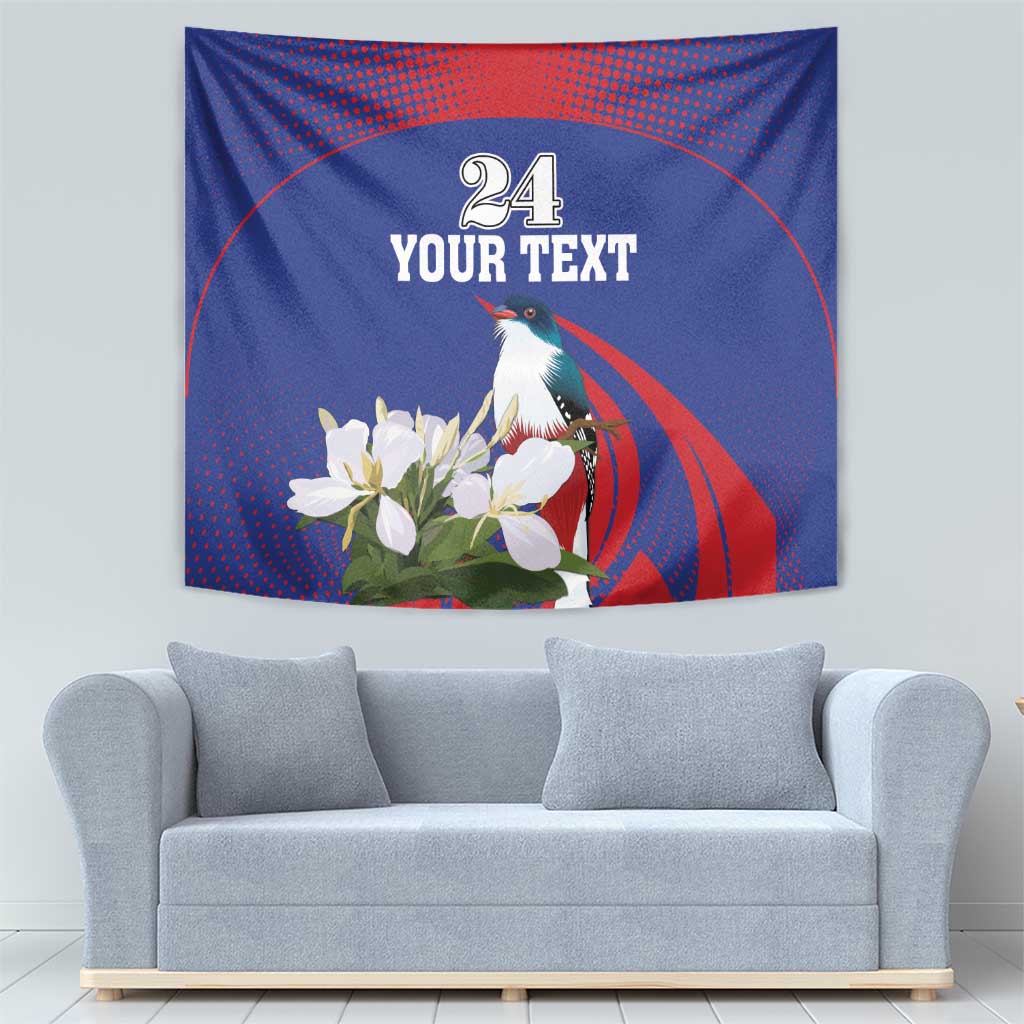 Blue and red wall tapestry featuring number 24, “Your Text”, parrot, and white flowers.