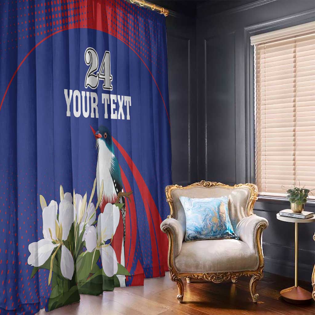 Blue window curtain with tropical bird and white flowers, red diagonal stripe panel