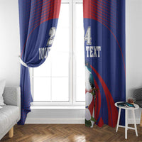 Blue window curtains with red-and-blue diagonal flag style print, bird and white flowers