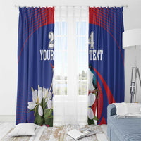 Two-panel blue window curtains with grommets, bird artwork, and red curved stripe