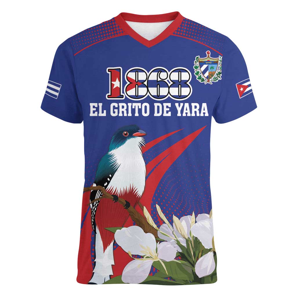 Custom Cuba Independence Day 1868 Women V-Neck T-Shirt Tocororo With White Mariposa - Wonder Print Shop