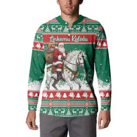Lithuania Christmas Button Sweatshirt Santa Riding White Horse Linksmu Kaledu - Wonder Print Shop