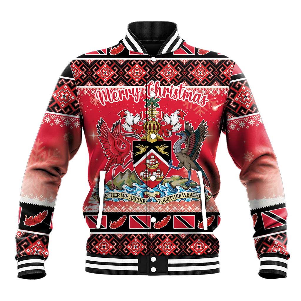 Red Christmas baseball jacket with crest graphic, patterned trim, ribbed cuffs and hem