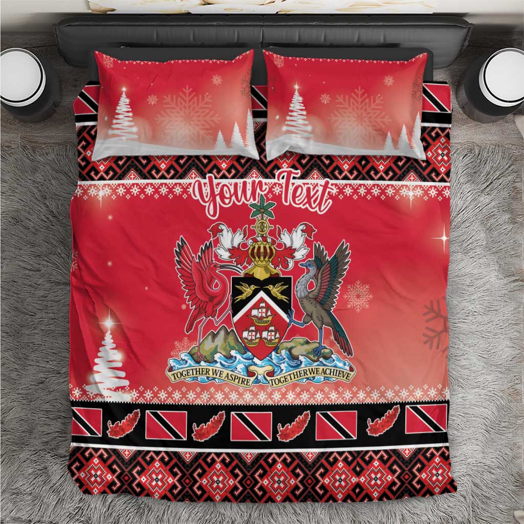 Red Christmas bedding set with coat of arms center panel and geometric border, includes pillow
