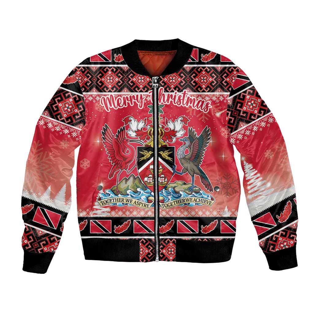 Red Christmas bomber jacket, zipper, coat of arms graphic, Merry Christmas text