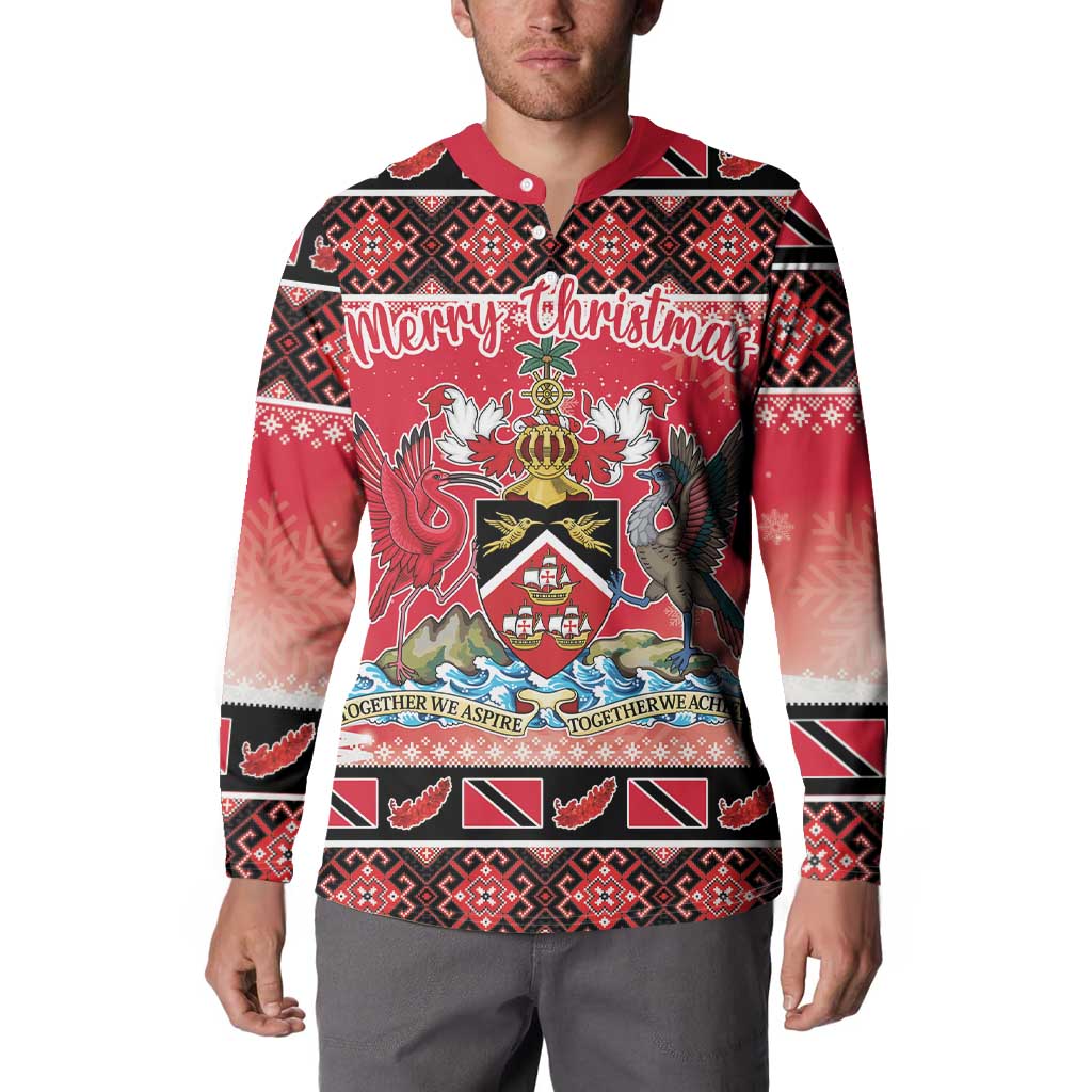 Red Christmas button sweatshirt on model, Merry Christmas crest design, long sleeves