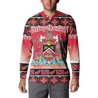 Red Christmas button sweatshirt on model, Merry Christmas crest design, long sleeves