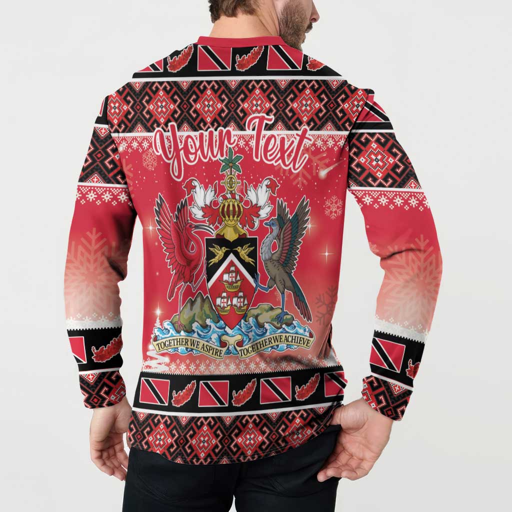 Red Christmas button sweatshirt on model, back “Your Text” crest design, long sleeves