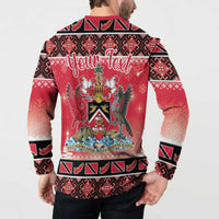 Red Christmas button sweatshirt on model, back “Your Text” crest design, long sleeves