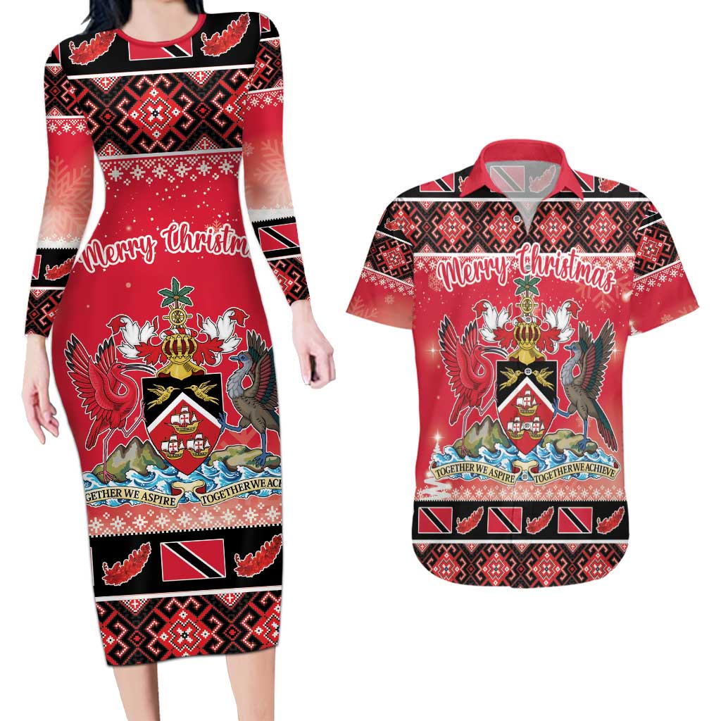 Personalized Trinidad and Tobago Christmas Couples Matching Long Sleeve Bodycon Dress and Hawaiian Shirt Coat Of Arms Seamless Pattern - Wonder Print Shop