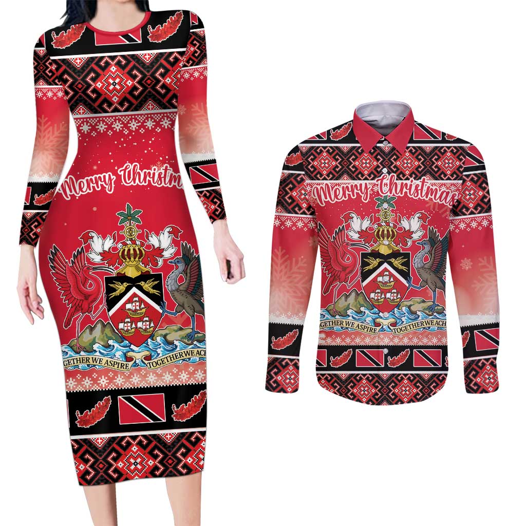 Personalized Trinidad and Tobago Christmas Couples Matching Long Sleeve Bodycon Dress and Long Sleeve Button Shirt Coat Of Arms Seamless Pattern - Wonder Print Shop