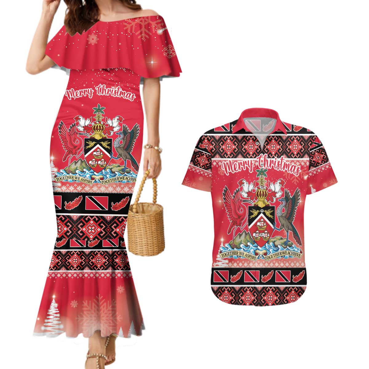 Personalized Trinidad and Tobago Christmas Couples Matching Mermaid Dress and Hawaiian Shirt Coat Of Arms Seamless Pattern - Wonder Print Shop