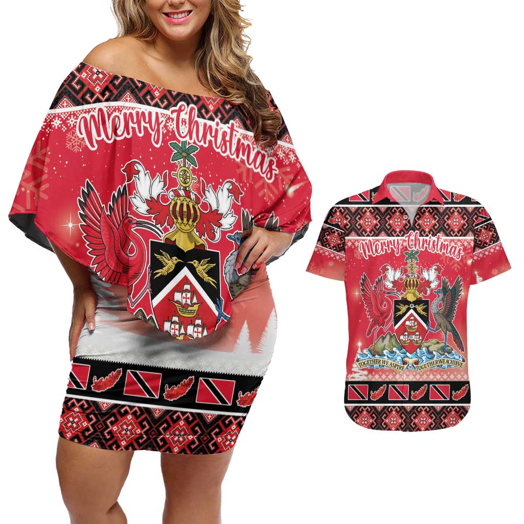 Personalized Trinidad and Tobago Christmas Couples Matching Off Shoulder Short Dress and Hawaiian Shirt Coat Of Arms Seamless Pattern - Wonder Print Shop