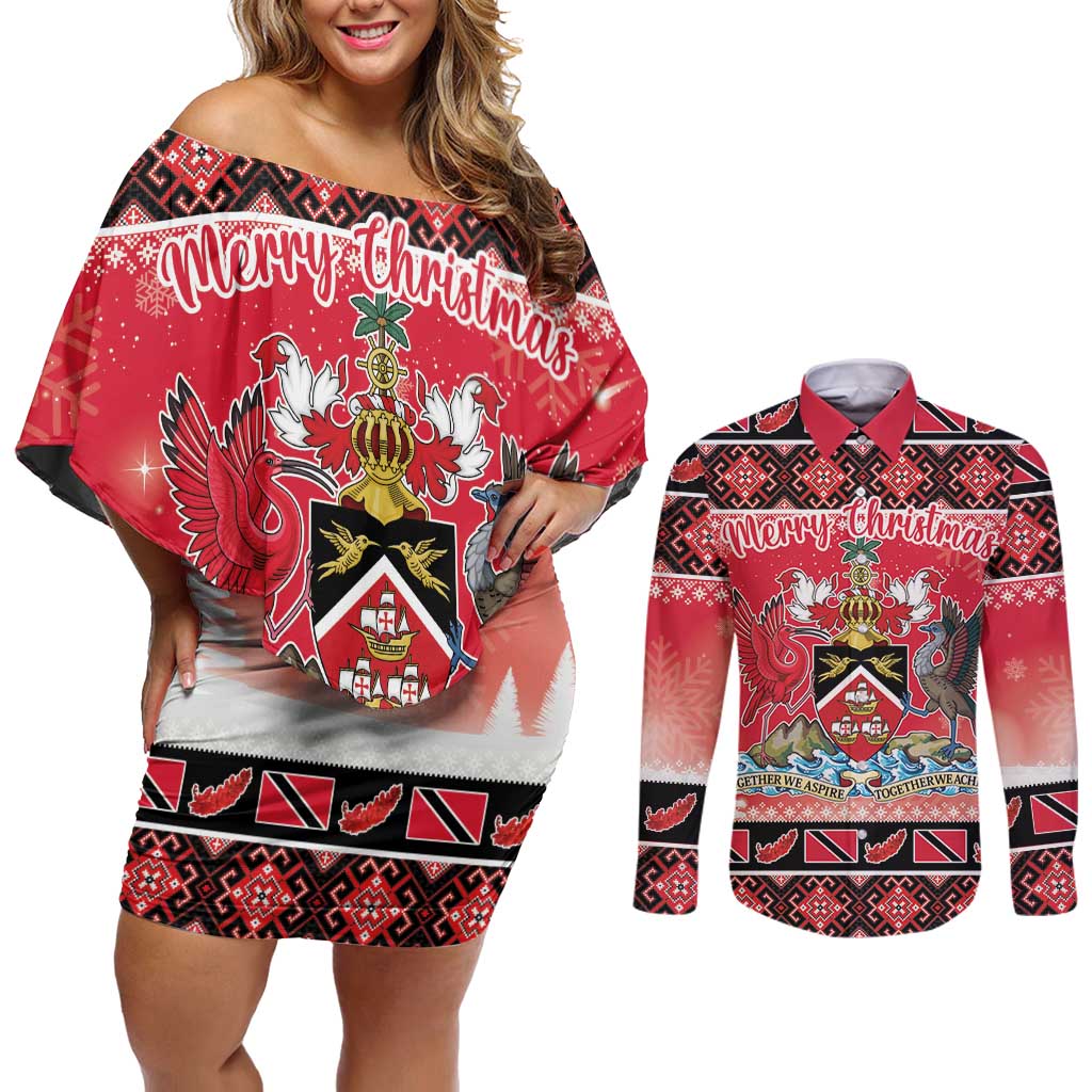 Personalized Trinidad and Tobago Christmas Couples Matching Off Shoulder Short Dress and Long Sleeve Button Shirt Coat Of Arms Seamless Pattern - Wonder Print Shop