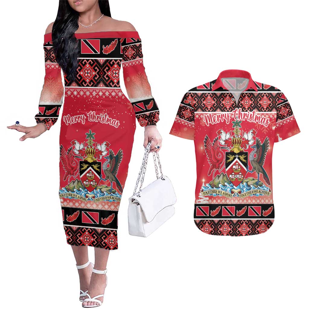 Personalized Trinidad and Tobago Christmas Couples Matching Off The Shoulder Long Sleeve Dress and Hawaiian Shirt Coat Of Arms Seamless Pattern - Wonder Print Shop