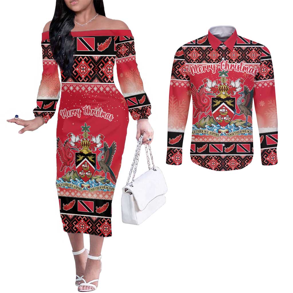 Personalized Trinidad and Tobago Christmas Couples Matching Off The Shoulder Long Sleeve Dress and Long Sleeve Button Shirt Coat Of Arms Seamless Pattern