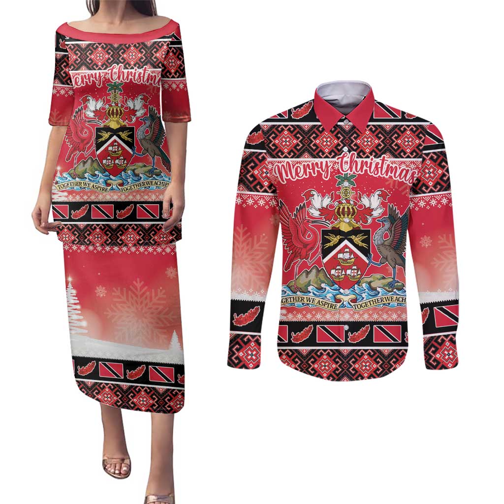 Personalized Trinidad and Tobago Christmas Couples Matching Puletasi and Long Sleeve Button Shirt Coat Of Arms Seamless Pattern - Wonder Print Shop