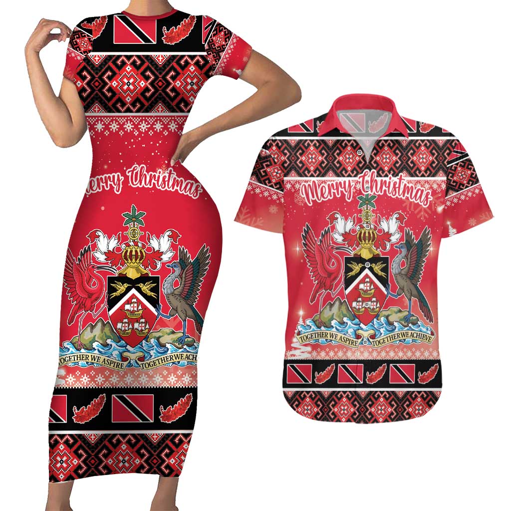 Personalized Trinidad and Tobago Christmas Couples Matching Short Sleeve Bodycon Dress and Hawaiian Shirt Coat Of Arms Seamless Pattern - Wonder Print Shop