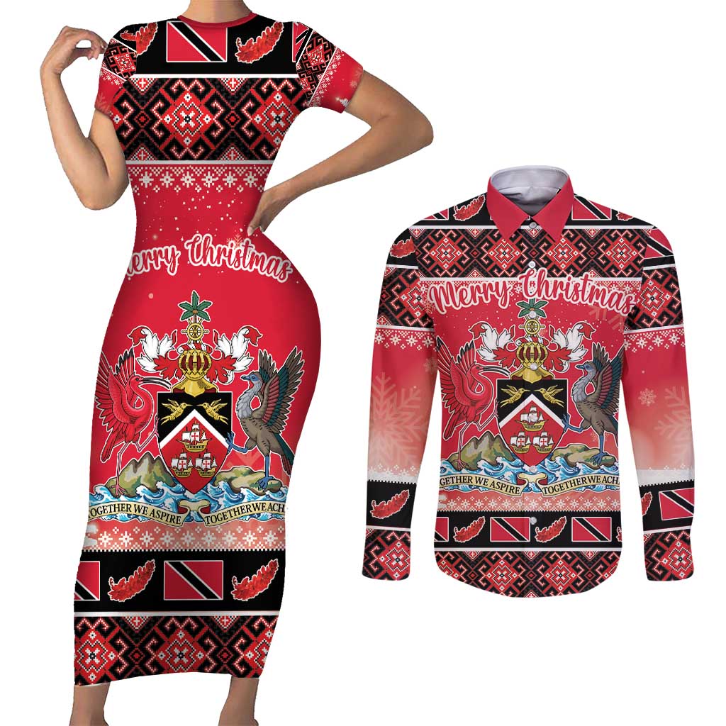 Personalized Trinidad and Tobago Christmas Couples Matching Short Sleeve Bodycon Dress and Long Sleeve Button Shirt Coat Of Arms Seamless Pattern - Wonder Print Shop