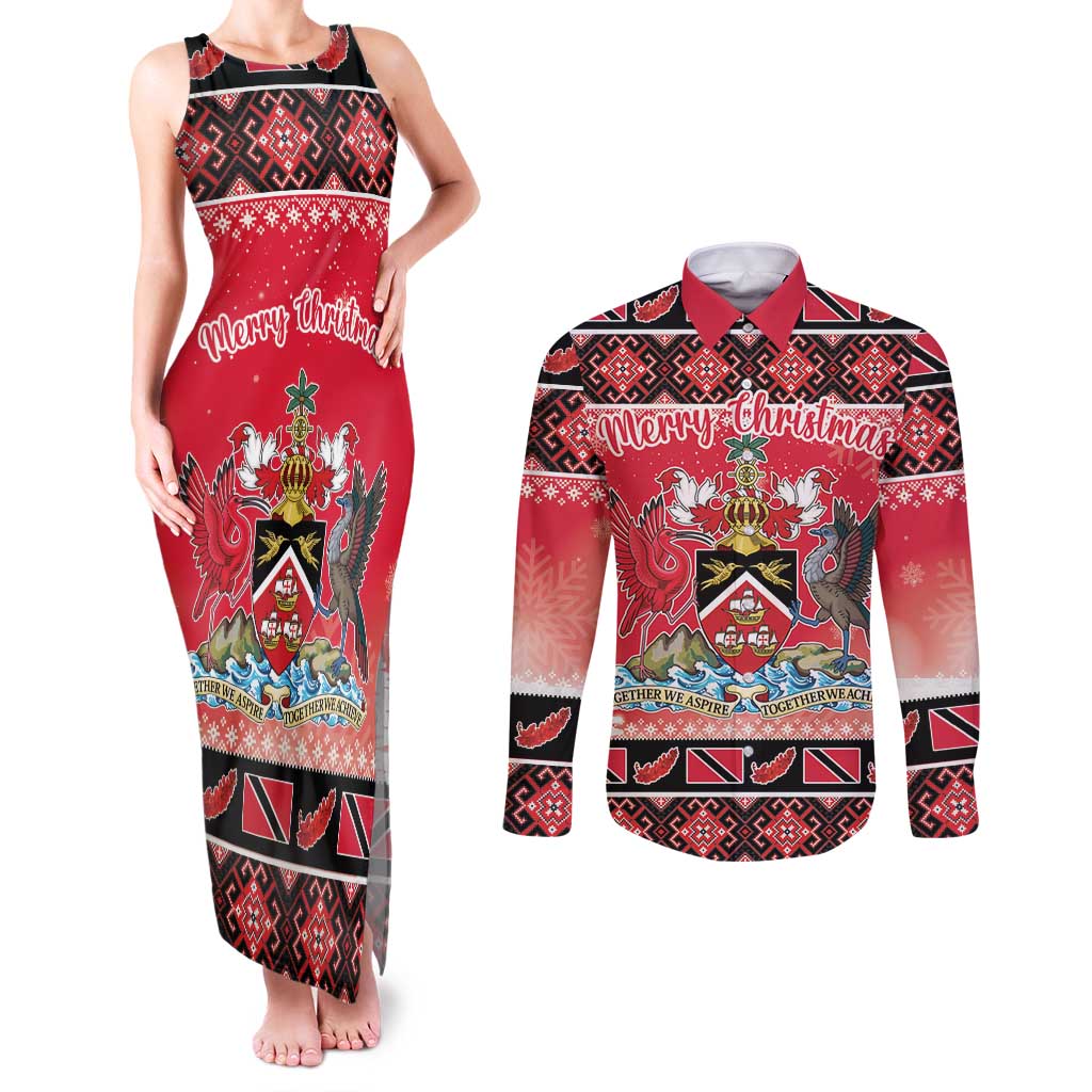 Personalized Trinidad and Tobago Christmas Couples Matching Tank Maxi Dress and Long Sleeve Button Shirt Coat Of Arms Seamless Pattern - Wonder Print Shop