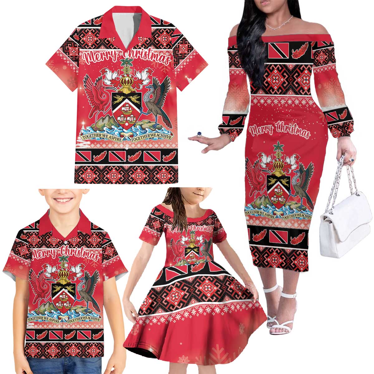 Personalized Trinidad and Tobago Christmas Family Matching Off The Shoulder Long Sleeve Dress and Hawaiian Shirt Coat Of Arms Seamless Pattern - Wonder Print Shop