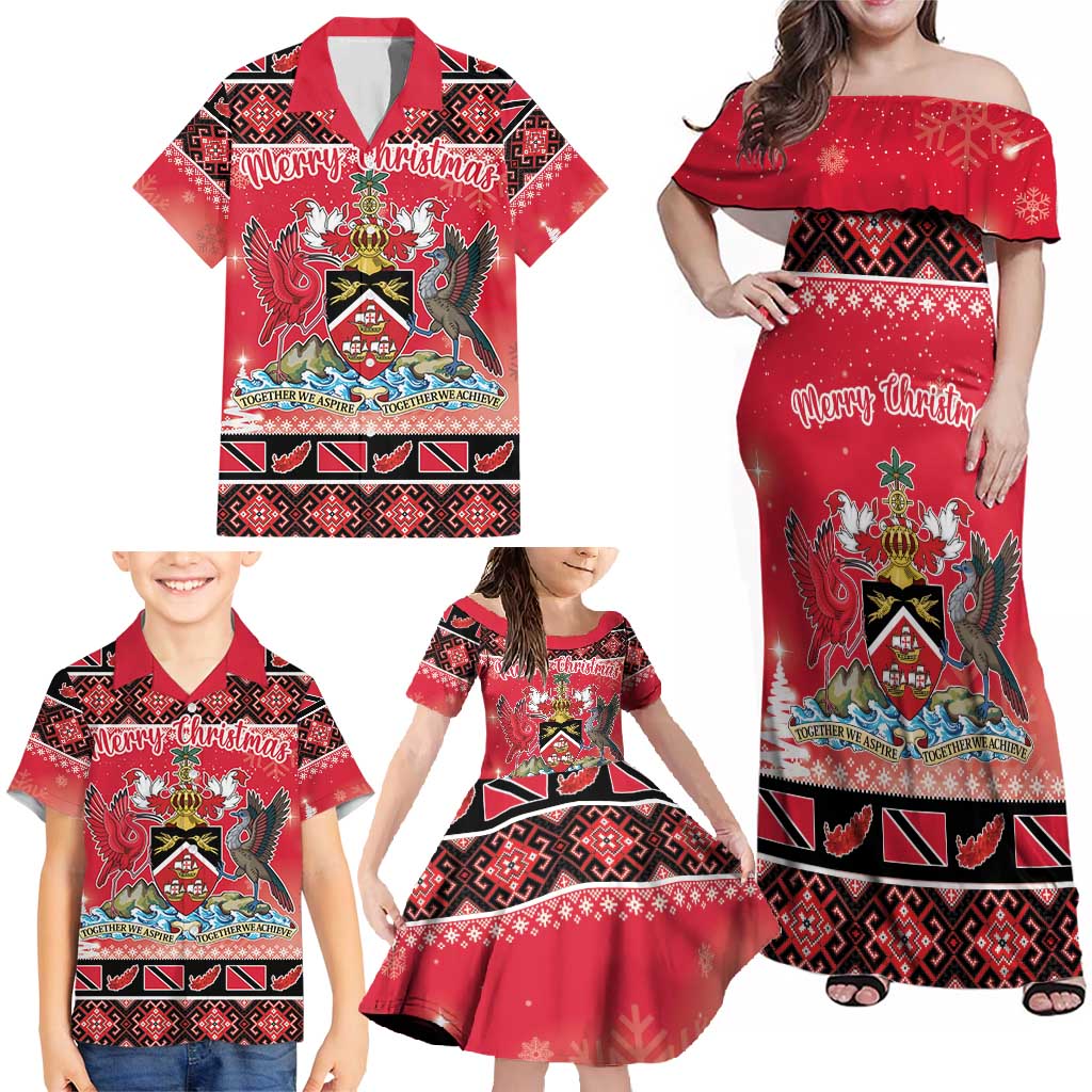 Personalized Trinidad and Tobago Christmas Family Matching Off Shoulder Maxi Dress and Hawaiian Shirt Coat Of Arms Seamless Pattern - Wonder Print Shop