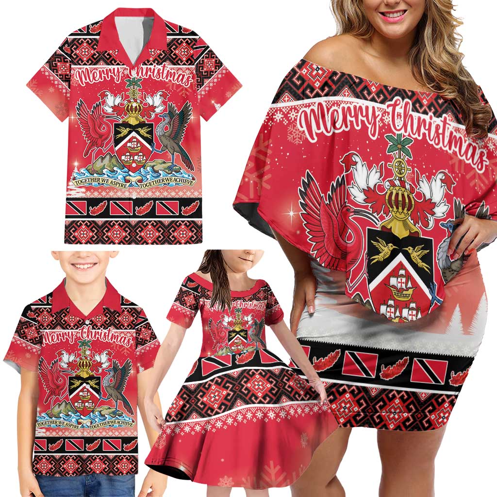 Personalized Trinidad and Tobago Christmas Family Matching Off Shoulder Short Dress and Hawaiian Shirt Coat Of Arms Seamless Pattern - Wonder Print Shop