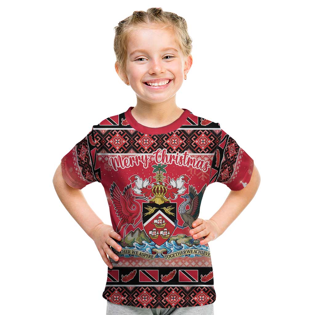 Personalized Trinidad and Tobago Christmas Kid T Shirt Coat Of Arms Seamless Pattern - Wonder Print Shop