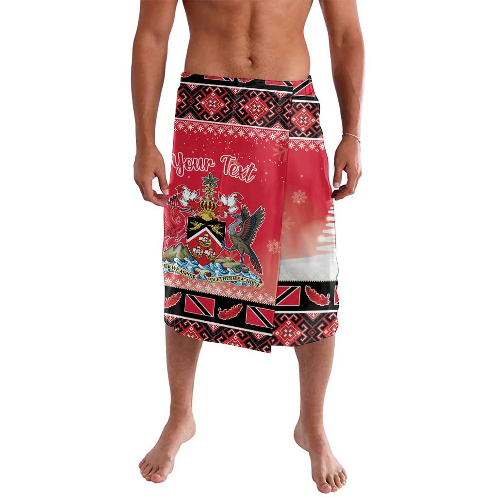 Red seamless lavalava with T&T coat of arms, custom text, and festive border pattern
