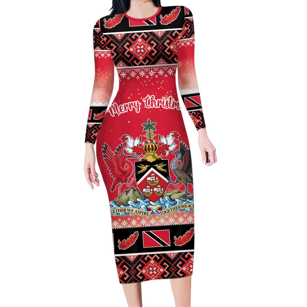 Personalized Trinidad and Tobago Christmas Long Sleeve Bodycon Dress Coat Of Arms Seamless Pattern - Wonder Print Shop