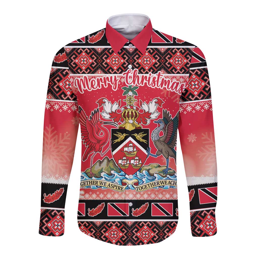 Red long-sleeve button shirt with Trinidad crest Christmas graphic, patterned trim