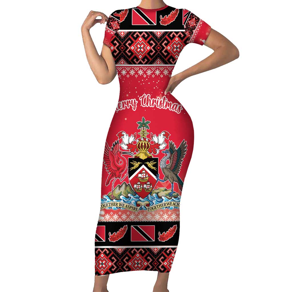 Personalized Trinidad and Tobago Christmas Short Sleeve Bodycon Dress Coat Of Arms Seamless Pattern - Wonder Print Shop