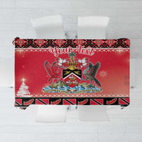 Red tablecloth with Trinidad and Tobago coat of arms and festive seamless border pattern