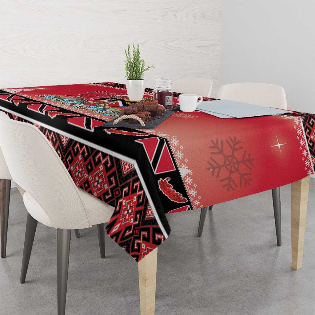 Red and black Christmas tablecloth with coat of arms panel and geometric trim