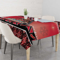 Red and black Christmas tablecloth with coat of arms panel and geometric trim