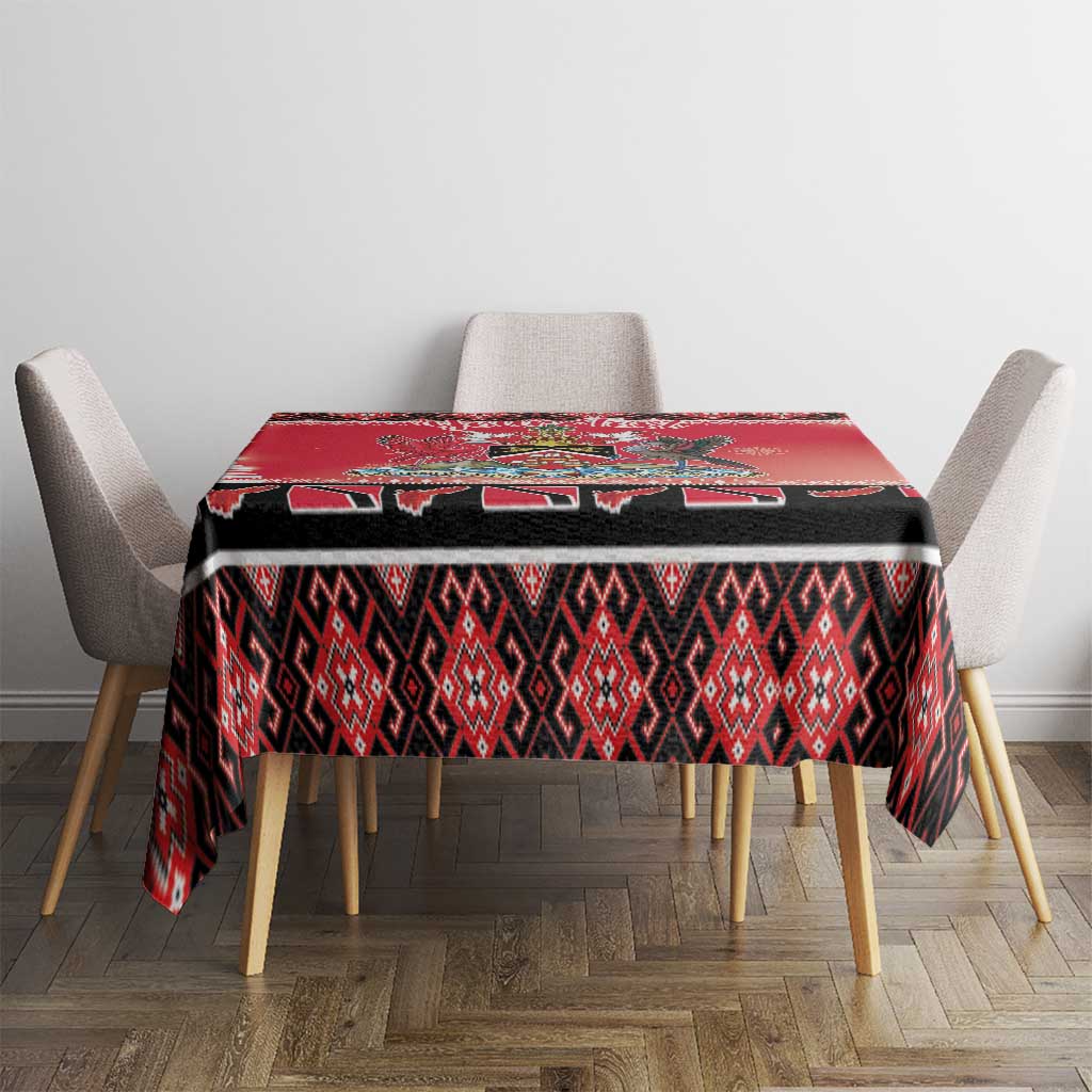 Red and black tablecloth with diamond geometric pattern and bold border