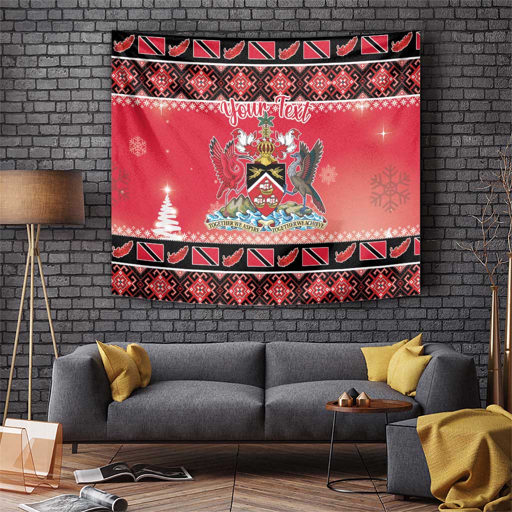 Red Christmas tapestry with coat of arms crest, festive border, and “Your Text” personalization.