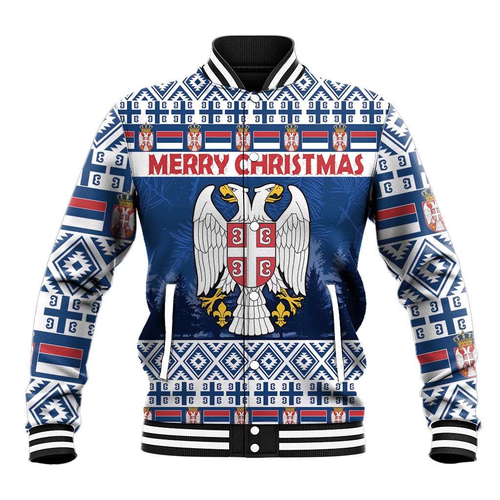 Serbia Christmas baseball jacket in blue with crest eagle and Merry Christmas text, ribbed cuffs